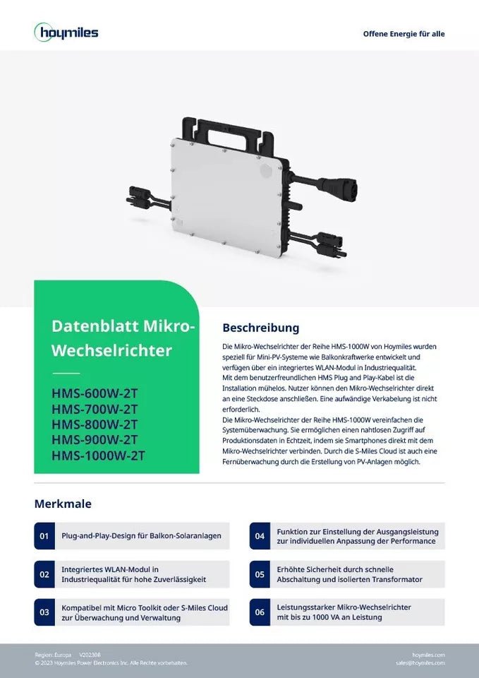 Hoymiles HMS-800W-2T Mikrowechselrichter 800W WLAN WIFI Balkonkraftwerk