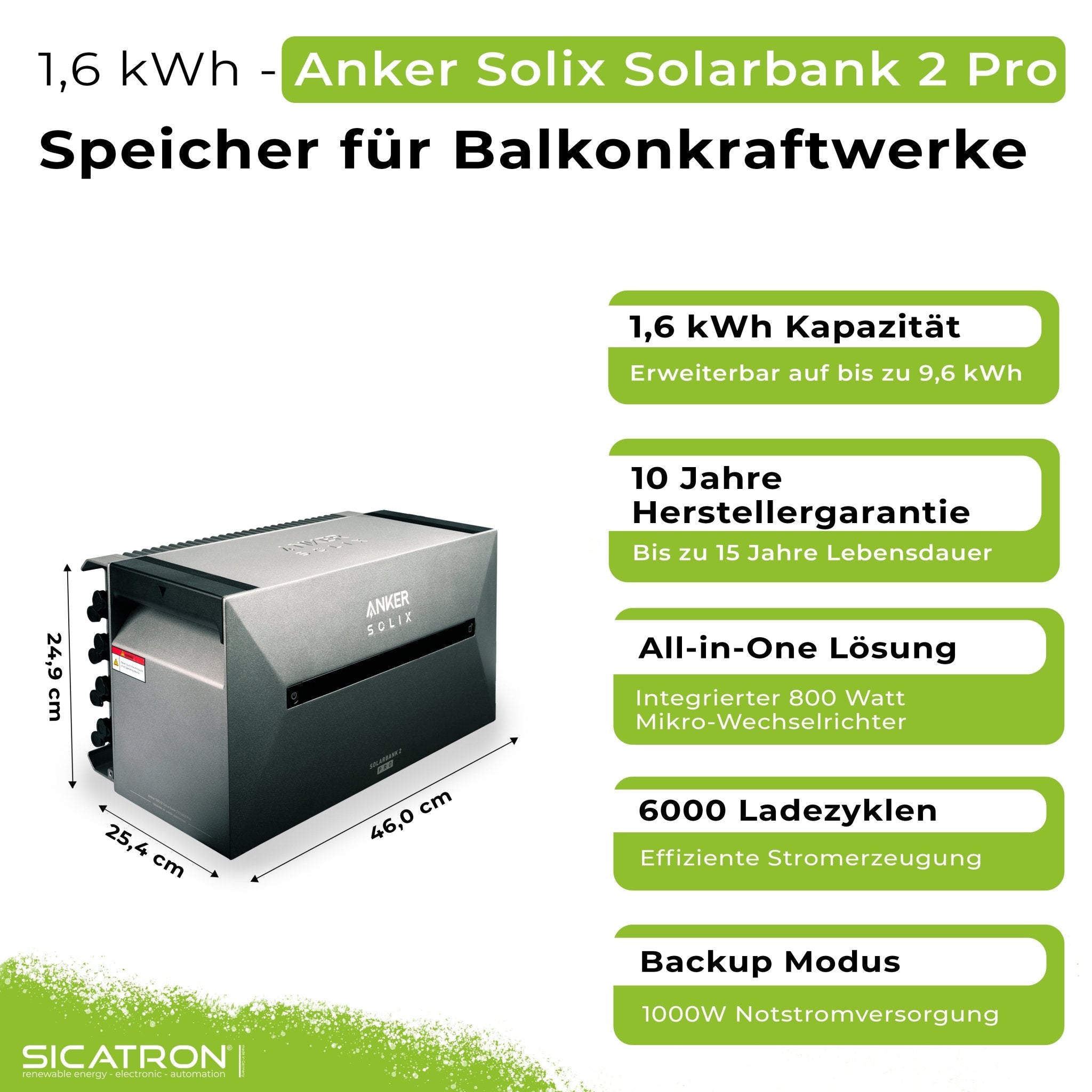 Sicatron 2000 W Balkonkraftwerk - 4x 500W Bifazial - Anker Solix Solarbank 2 Pro